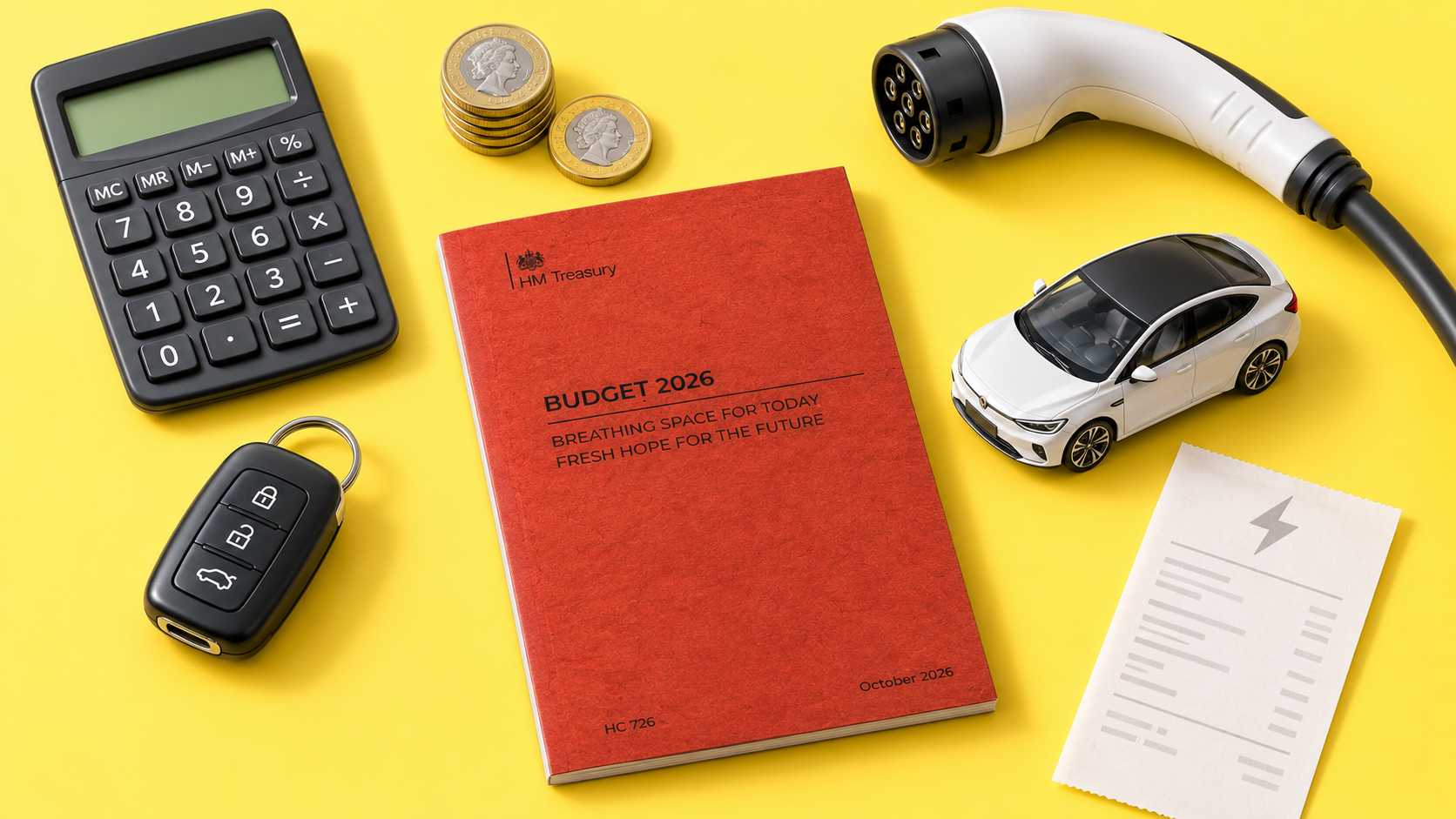 2026 Budget report front cover surrounded by electric car ephemera